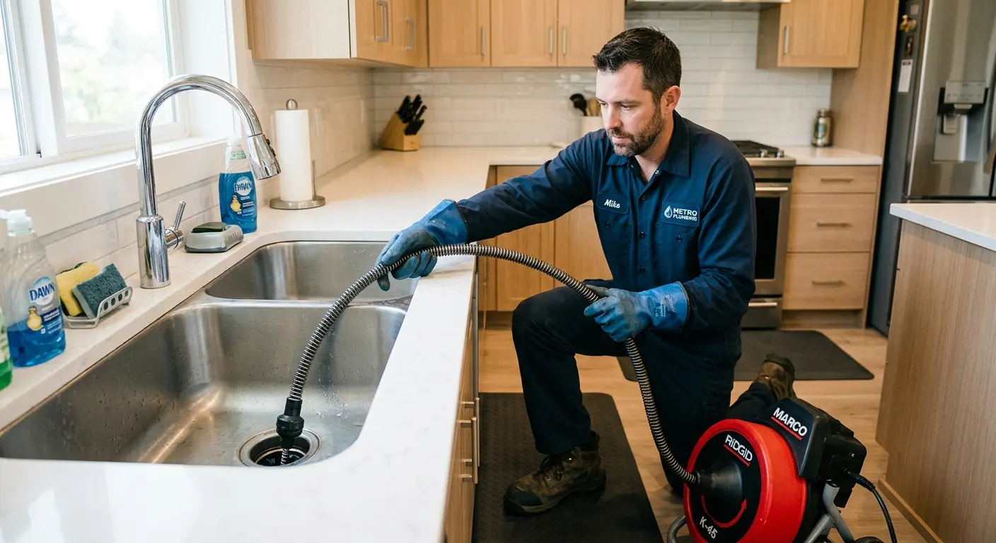 Drain cleaning technician using a motorized snake on a kitchen sink in St. Albans