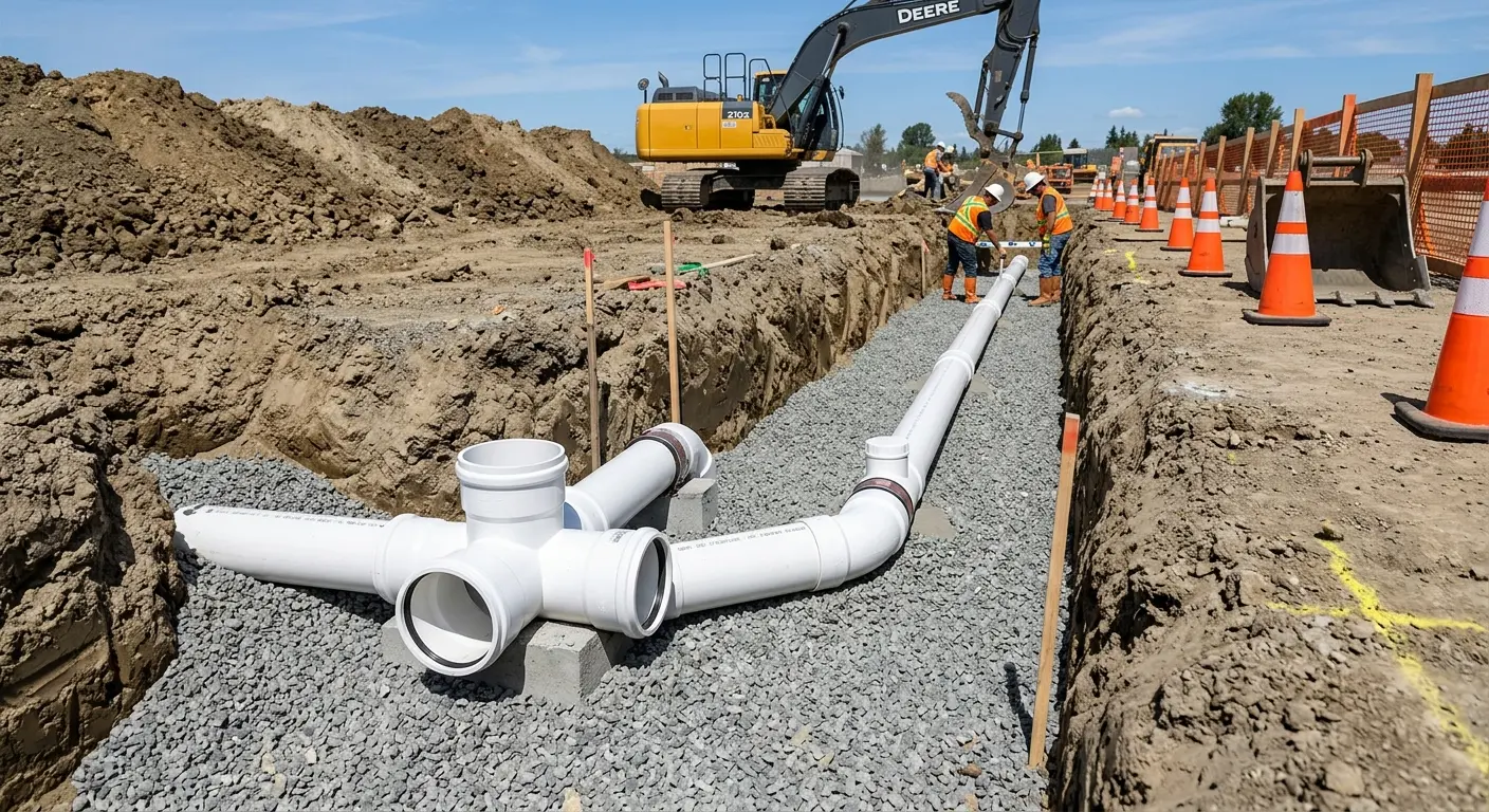 New PVC sewer pipe installation in open trench for Sewer Backup in St. Albans