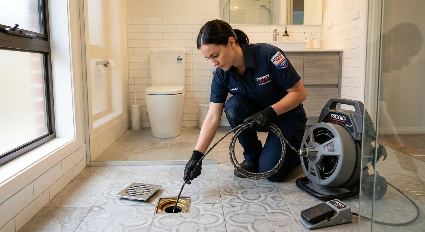 Technician clearing a bathroom floor drain for Sewer Line Replacement in St. Albans